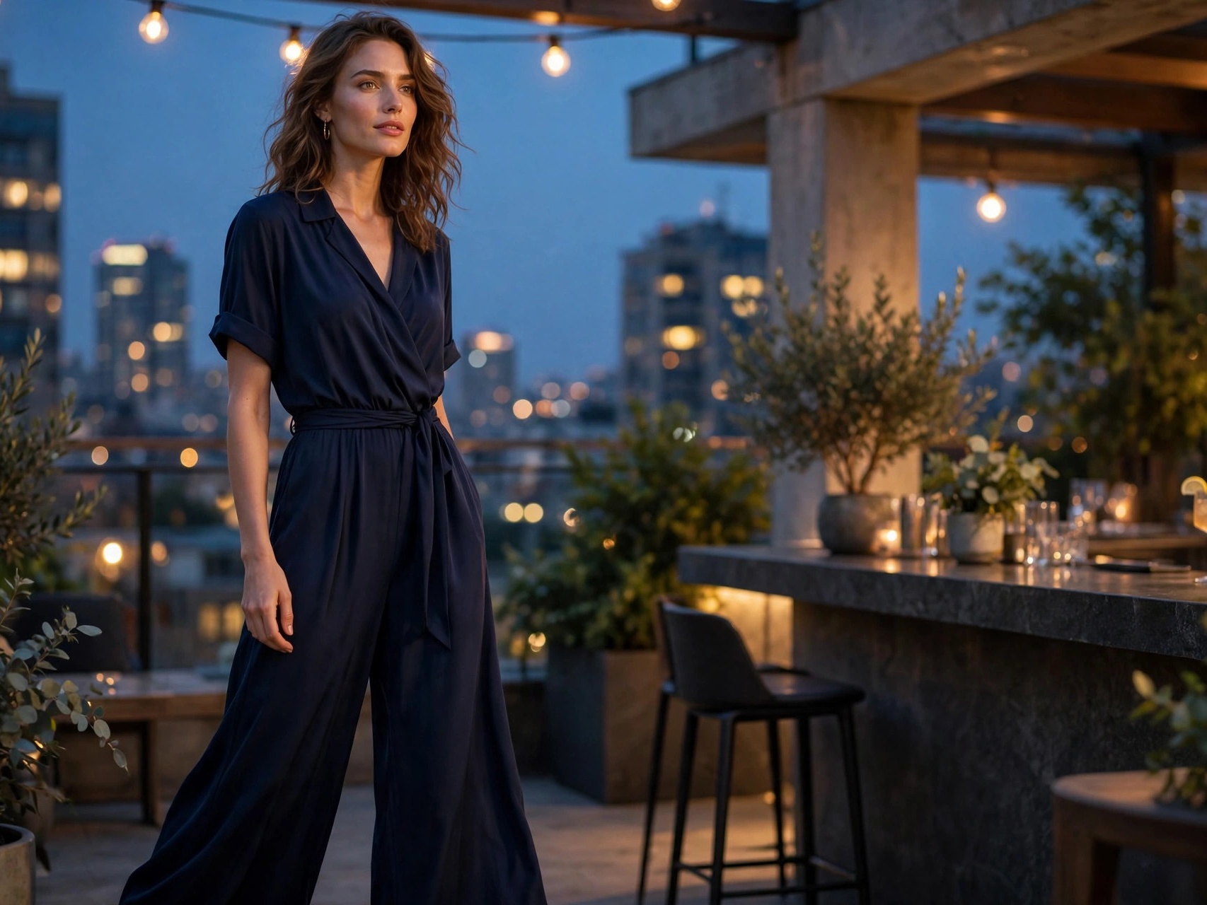 Woman in a deep navy wide-leg fluid jumpsuit at a rooftop bar in the evening — chic one-piece vacation outfit idea