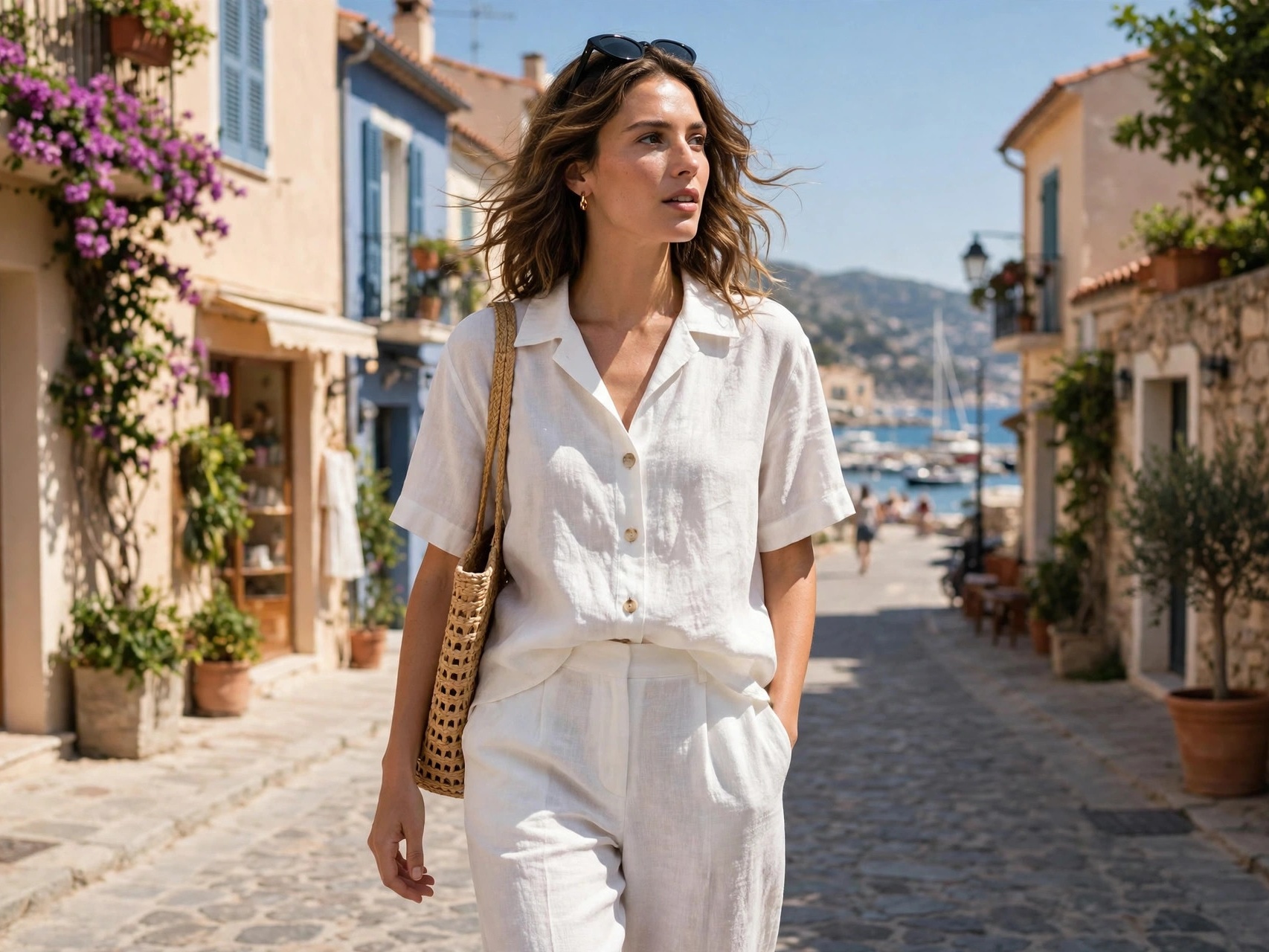 Woman in a white linen co-ord set exploring a sunny coastal town — chic vacation outfit for daytime