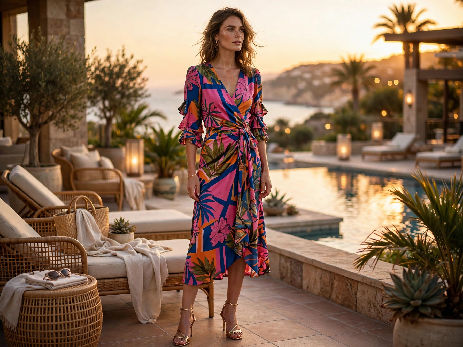 Woman in a bold printed wrap dress with heeled sandals on a luxury resort terrace at golden hour — chic vacation outfit idea