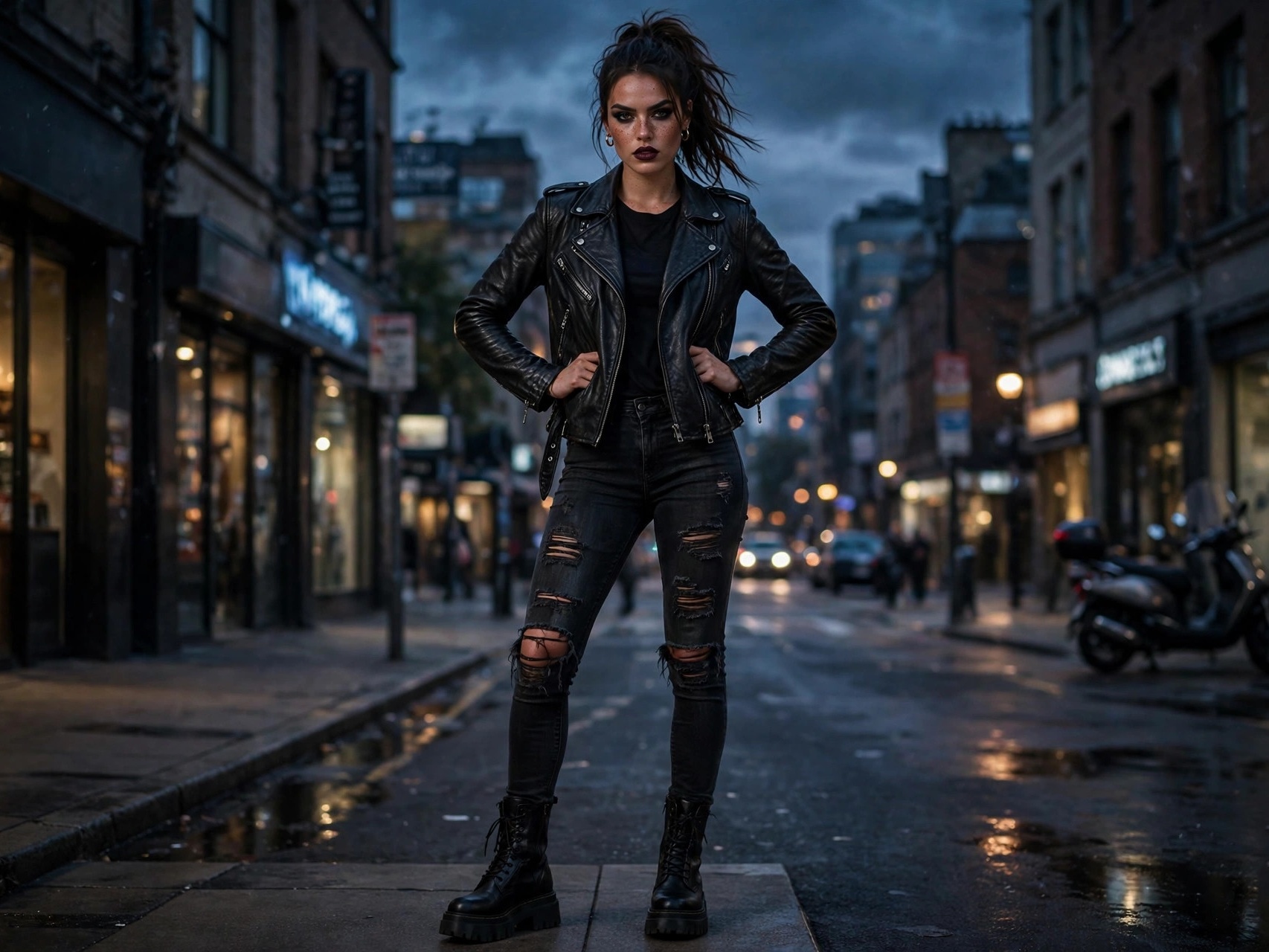 Woman in edgy fashion outfit with black leather jacket and combat boots, bold dark street style