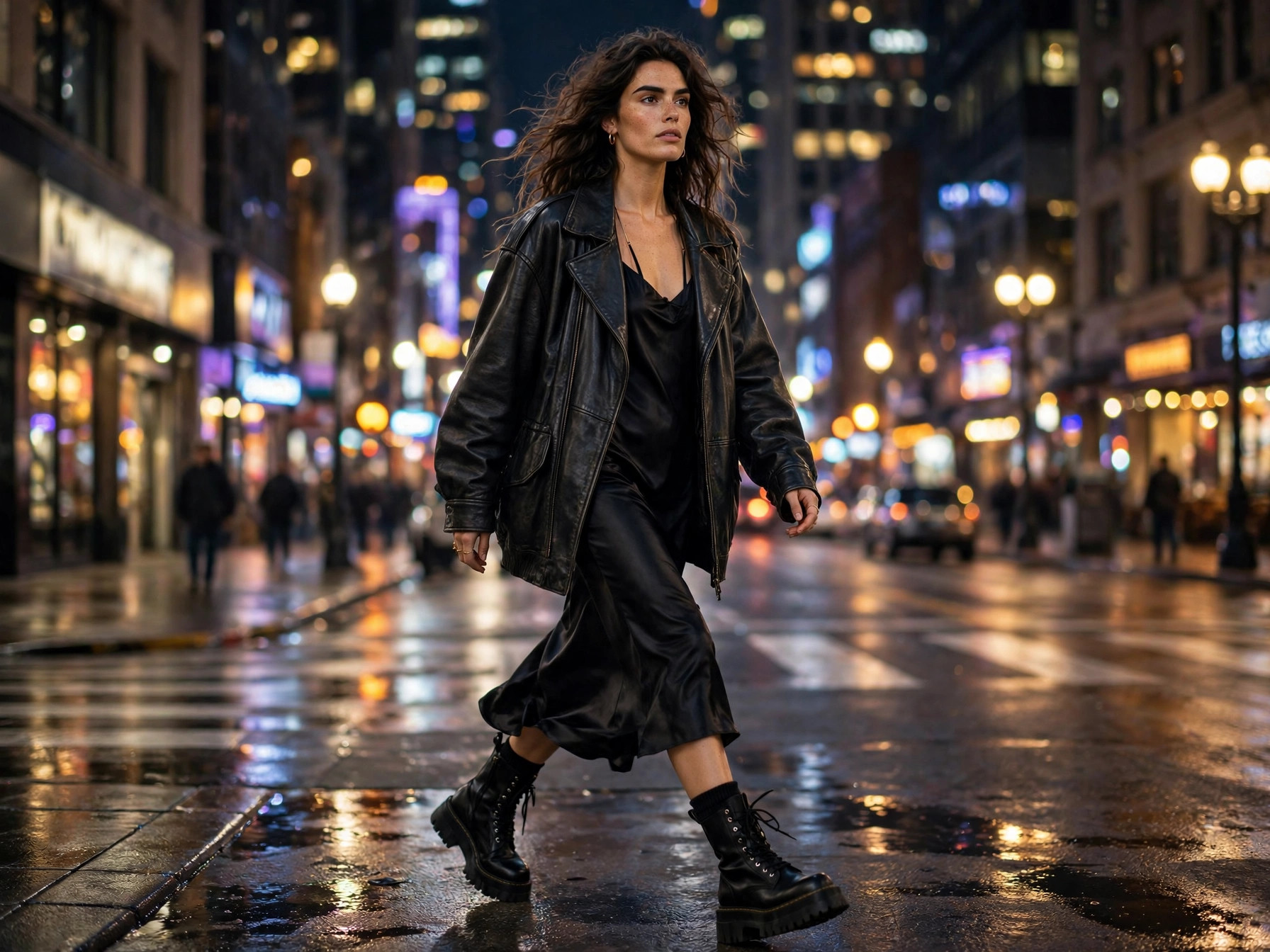 Confident woman in edgy outfit with leather jacket and boots on a city street at dusk