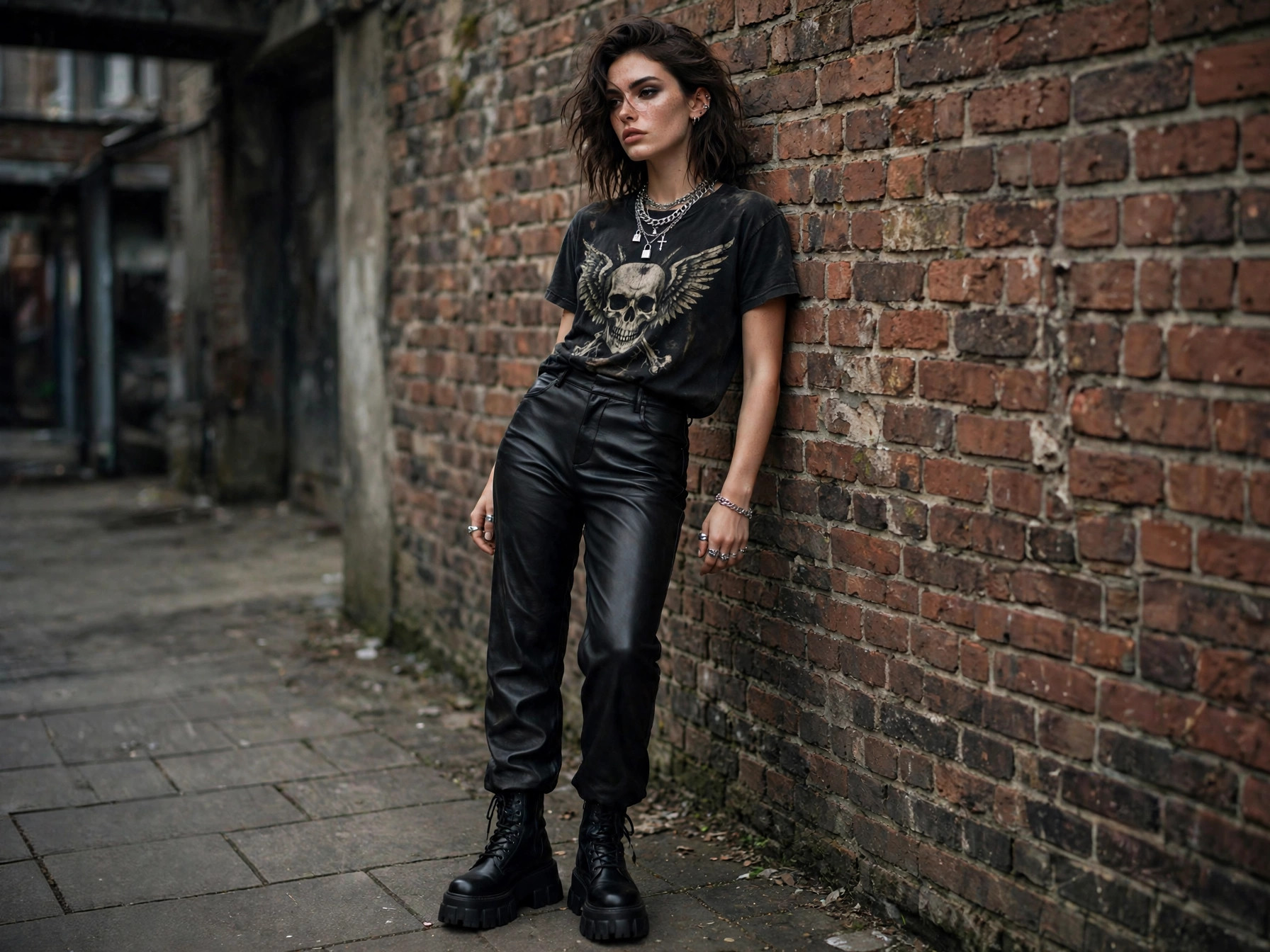 Edgy fashion outfits: leather jacket, ripped black jeans and chunky boots street style look