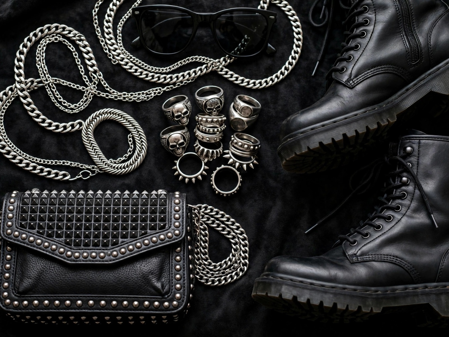 Edgy styling details: silver chain jewelry, black leather handbag and studded boots close-up