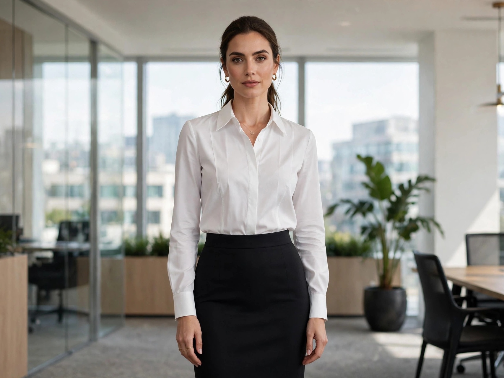 Elegant professional woman in a tailored blouse and pencil skirt — elegant office outfit ideas for women