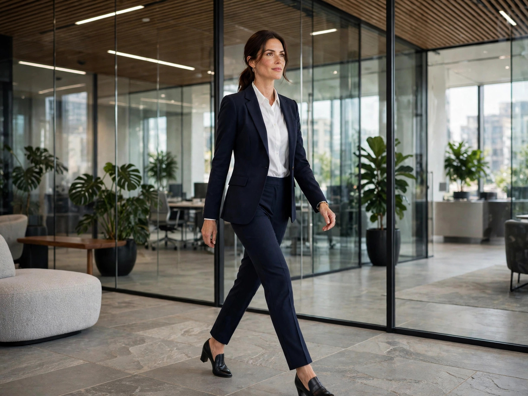 Confident woman in elegant office attire walking through a modern office lobby