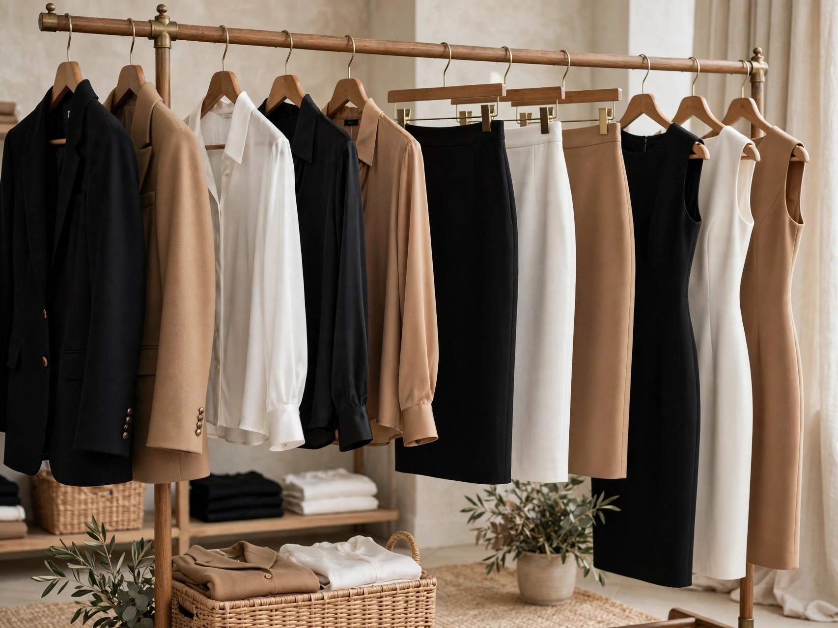 Timeless elegant office wardrobe essentials: tailored blazers, silk blouses and pencil skirts on a clothing rack