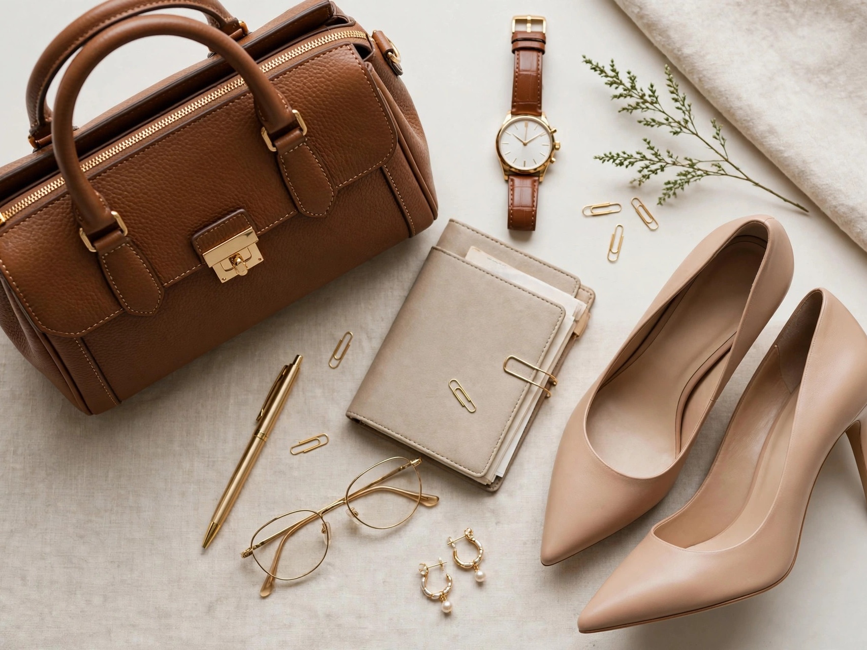 Polished professional styling details: structured handbag, classic watch and pointed pumps for elegant office outfits