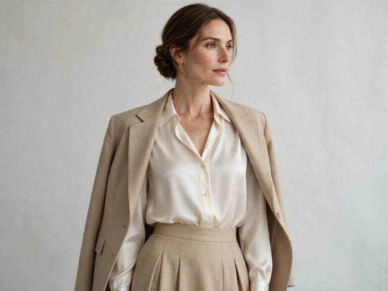 Elegant women's fashion: timeless tailored womenswear with silk blouse and classic midi skirt