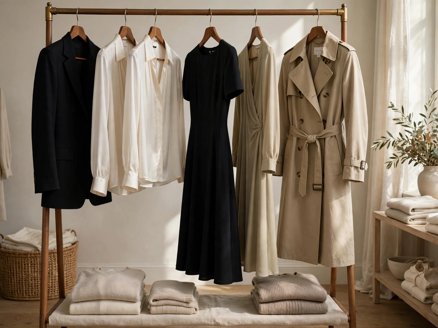 Elegant women's fashion wardrobe essentials: tailored blazers, silk blouses and classic dresses on a clothing rack
