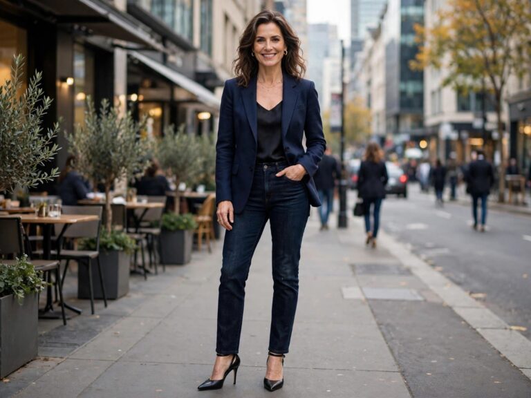 Fashionable woman in her 40s wearing an elegant age-appropriate outfit — fashion tips for 40-year-old women