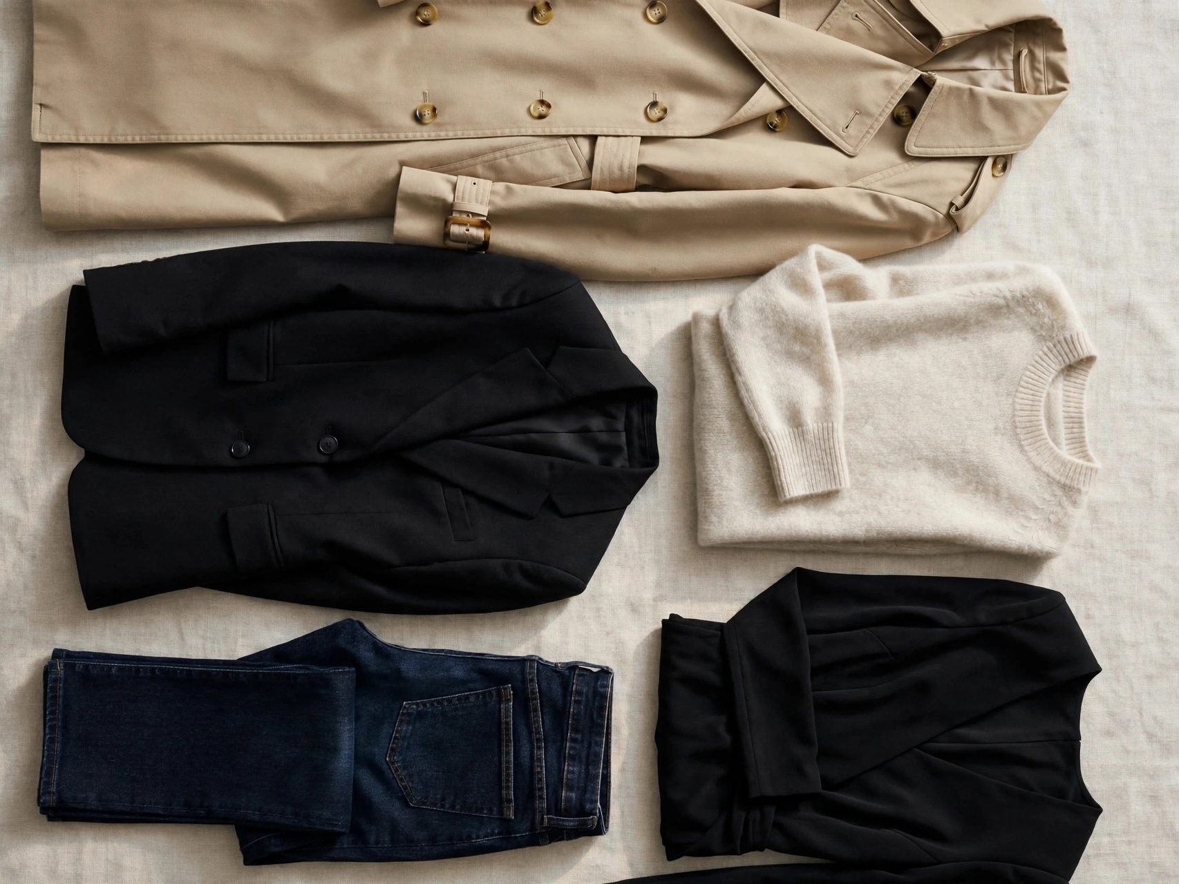 Wardrobe essentials for 40-year-old women: tailored blazer, dark denim, knitwear and classic coat