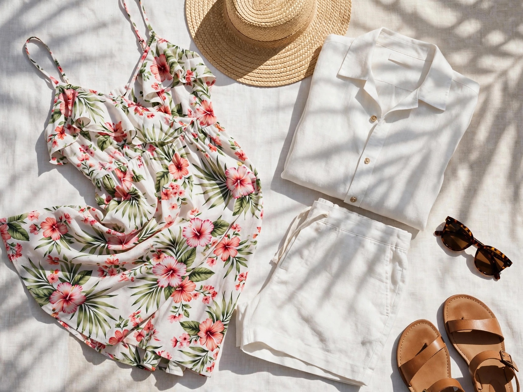 Florida vacation outfit ideas flat-lay — sundress, linen set, straw hat and sandals