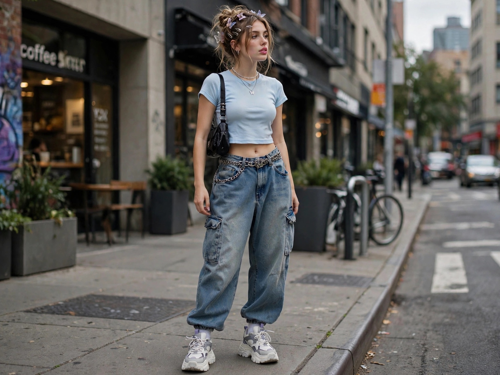 Gen Z Fashion Trends for Women Young woman in trendy gen z fashion outfit with baggy jeans and crop top, Y2K inspired street style