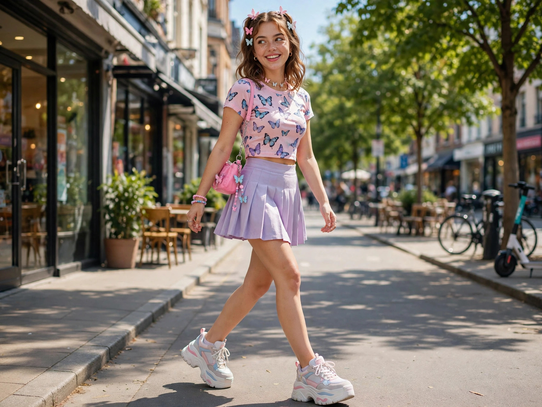 Gen Z Fashion Trends for Women Y2K revival outfits: mini skirt, butterfly top and chunky sneakers, popular gen z fashion trends