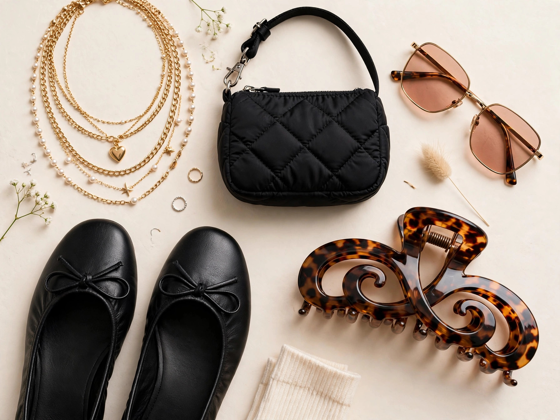 Gen Z Fashion Trends for Women Styling details for gen z fashion trends: layered necklaces, mini shoulder bag and ballet flats flat-lay