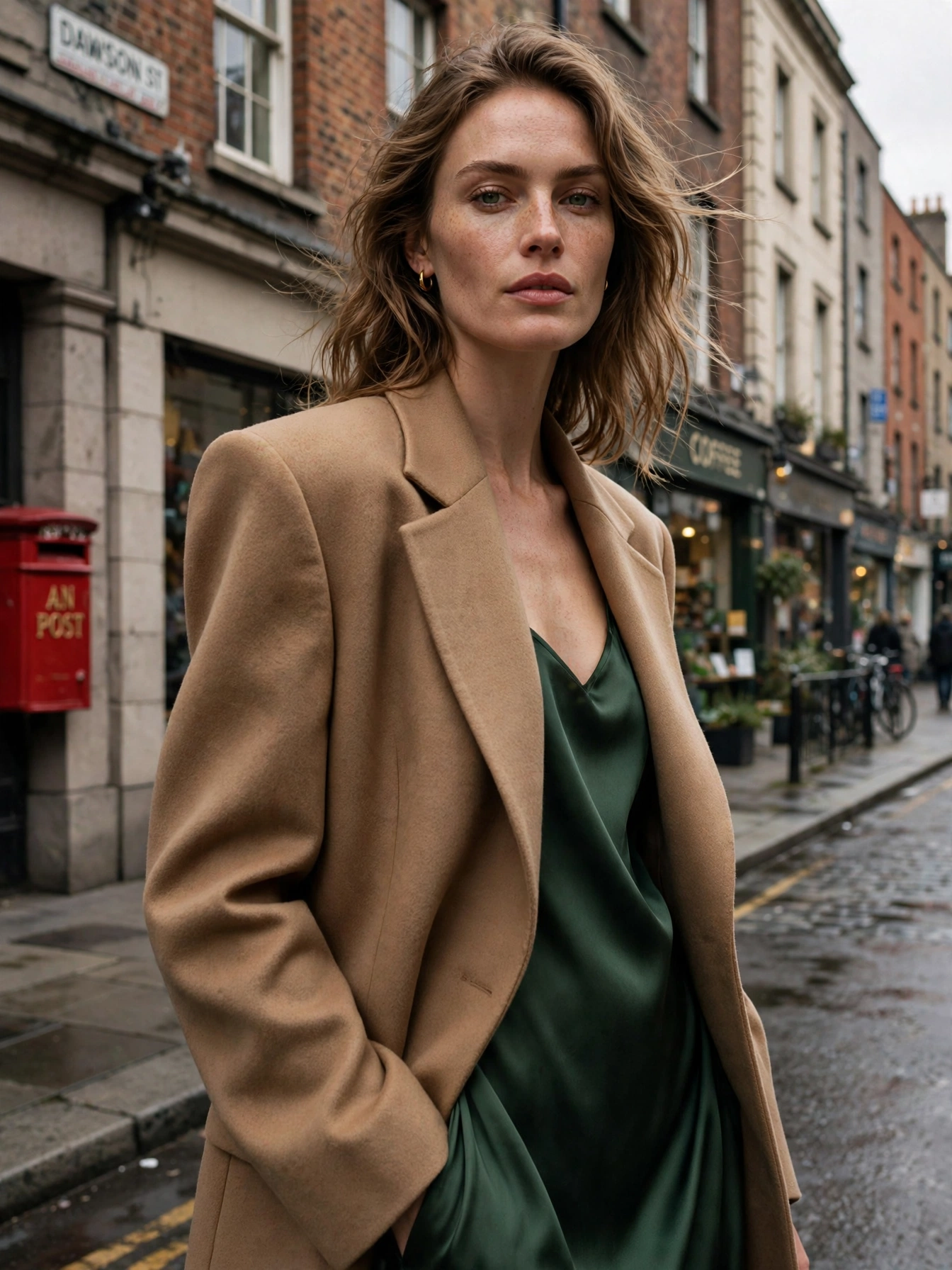Sculptural tailoring, worn soft. The Irish silhouette this season is structured but never stiff — blazers with strong shoulders worn over something fluid.