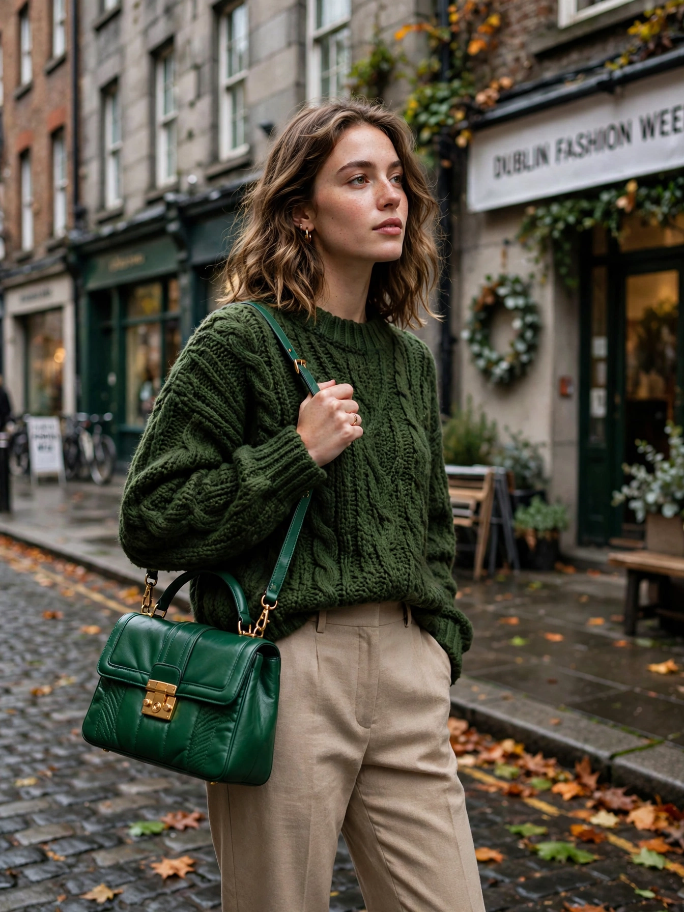 Green, but make it fashion. From deep moss to bright emerald, Ireland’s color story is everywhere — try it in a knit or a bag rather than head-to-toe.