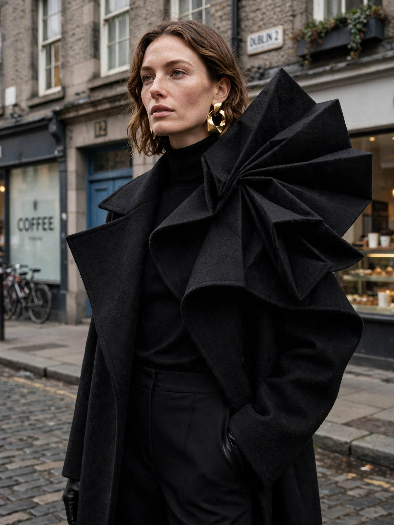One statement, not ten. The Dublin street-style lesson: a single bold piece — a sculptural earring, a strong boot, a dramatic coat — beats a busy outfit every time.