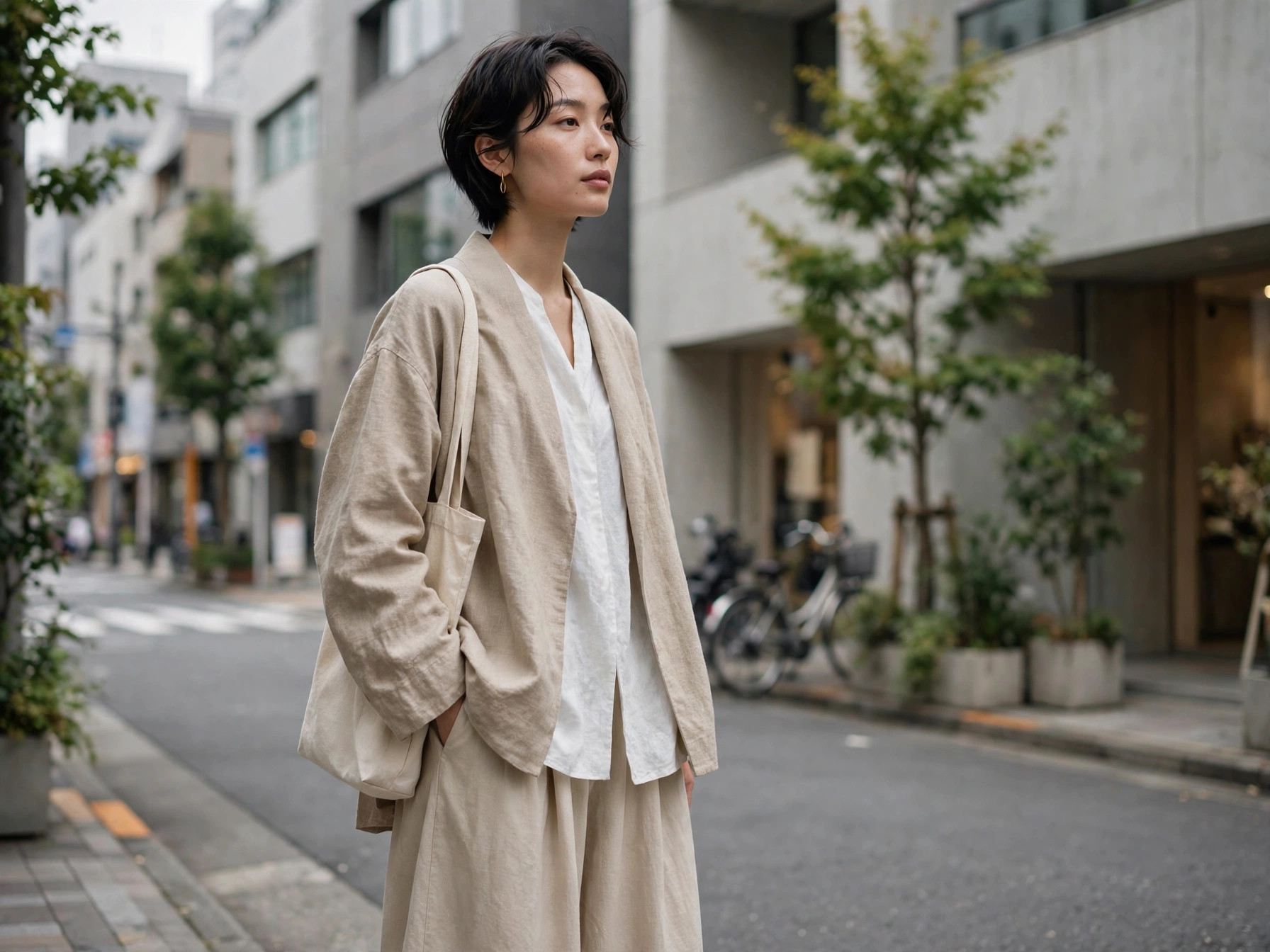 Woman trying Japanese women's fashion trends — minimalist layered outfit in Tokyo