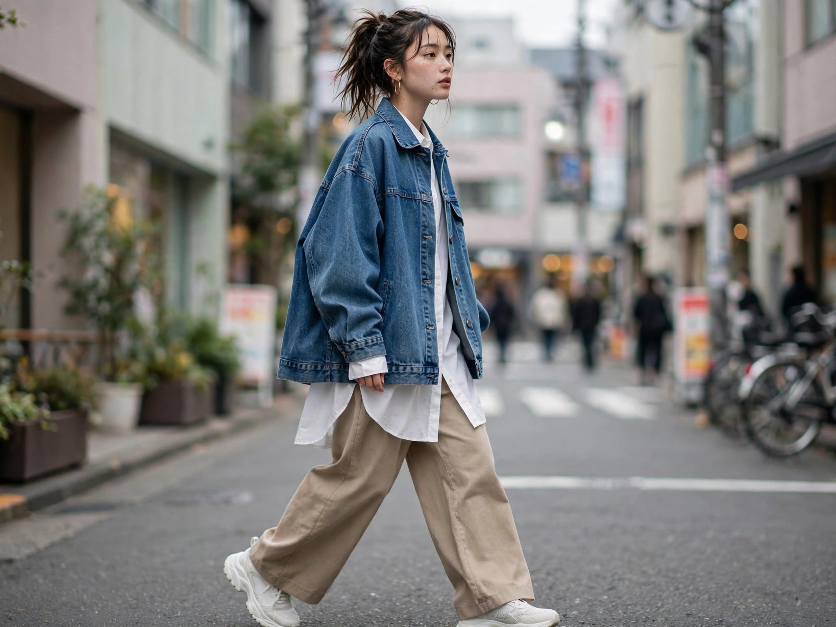 Tokyo street style Japanese fashion trend — oversized jacket and wide trousers layered look