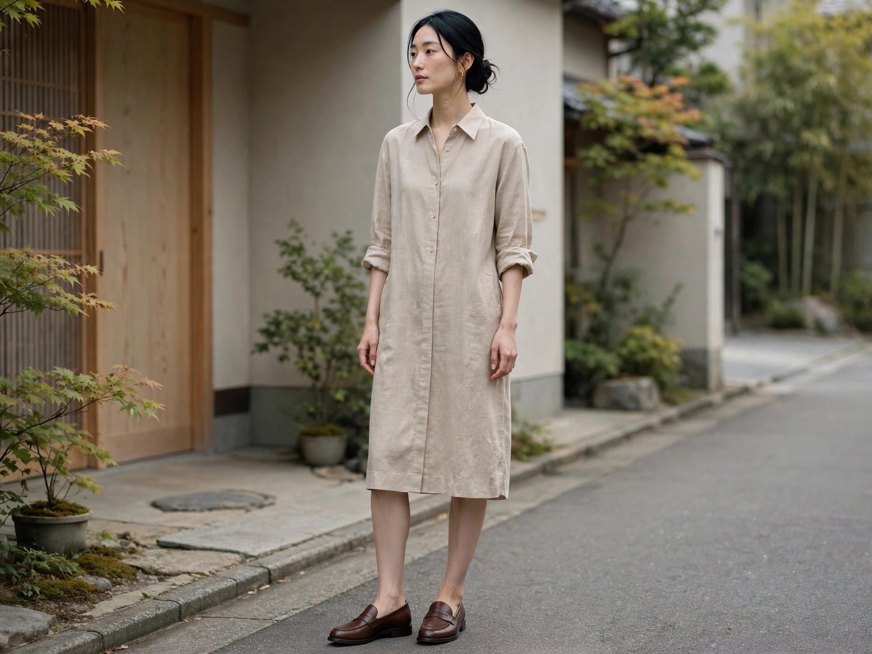 Minimalist Japanese women's fashion trend — clean layered outfit in natural fabrics