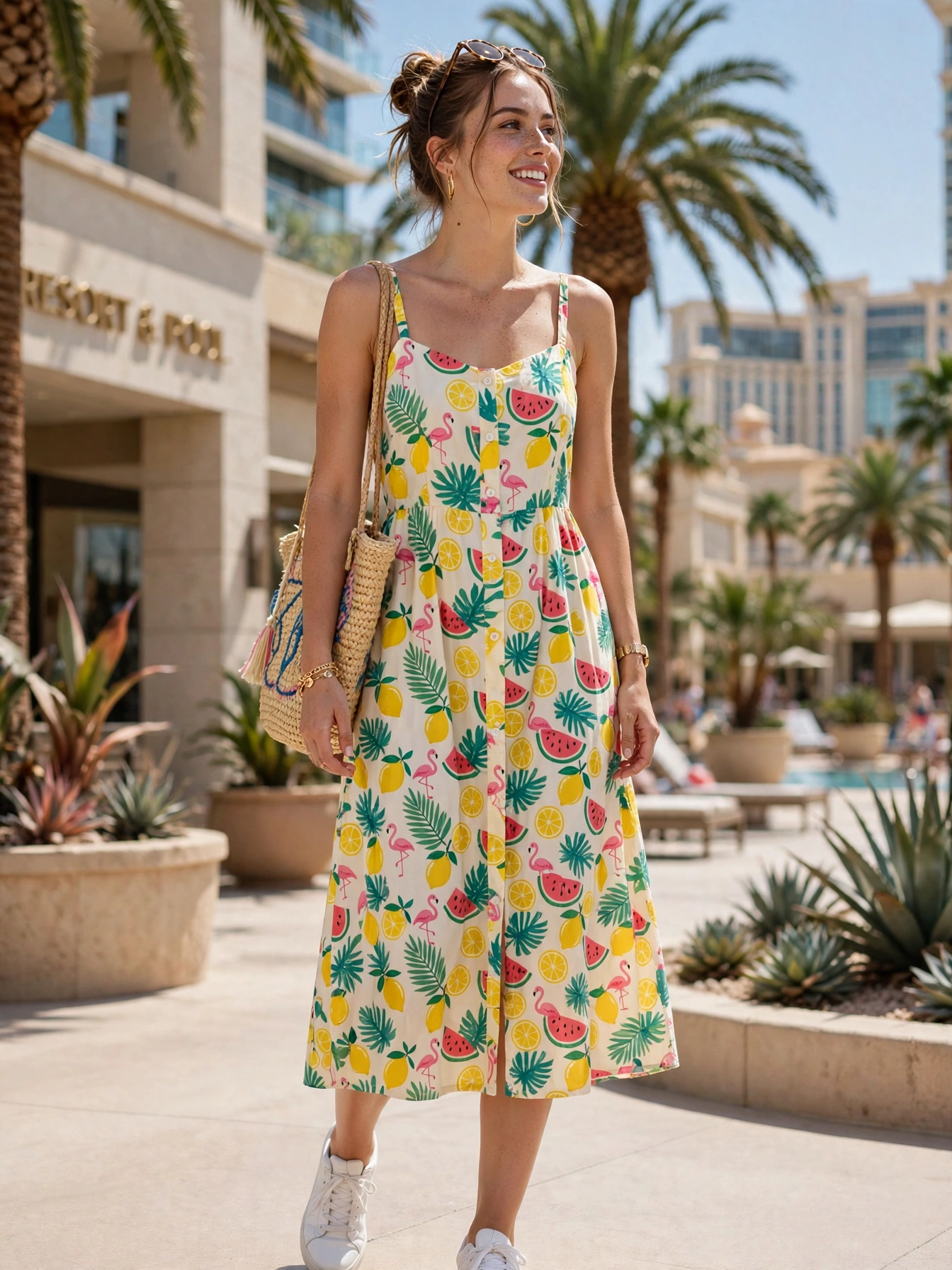 The sundress. A midi or mini sundress in a bright solid or playful print is perfect for daytime shows, buffets, and resort hopping. Add sneakers for serious walking days.