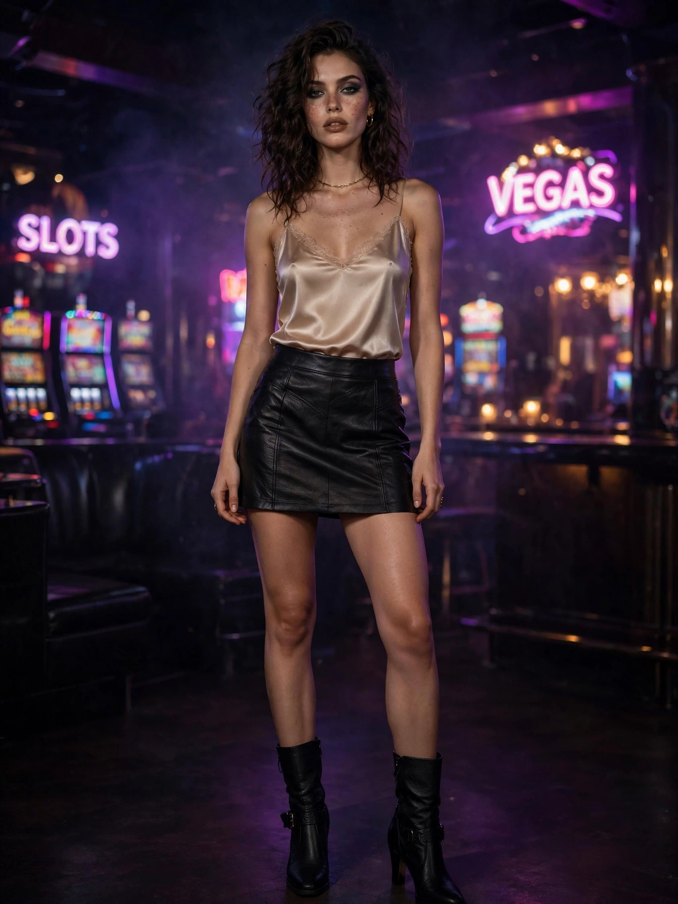 Leather + luxe. Faux leather pants or a leather mini skirt with a silky camisole gives you that edgy-glam Vegas energy that works for clubs and late-night lounges.