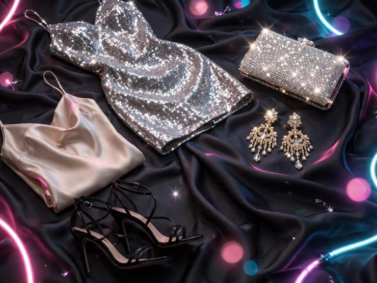 Las Vegas vacation outfits flat-lay with glam dresses, heels and sparkling accessories