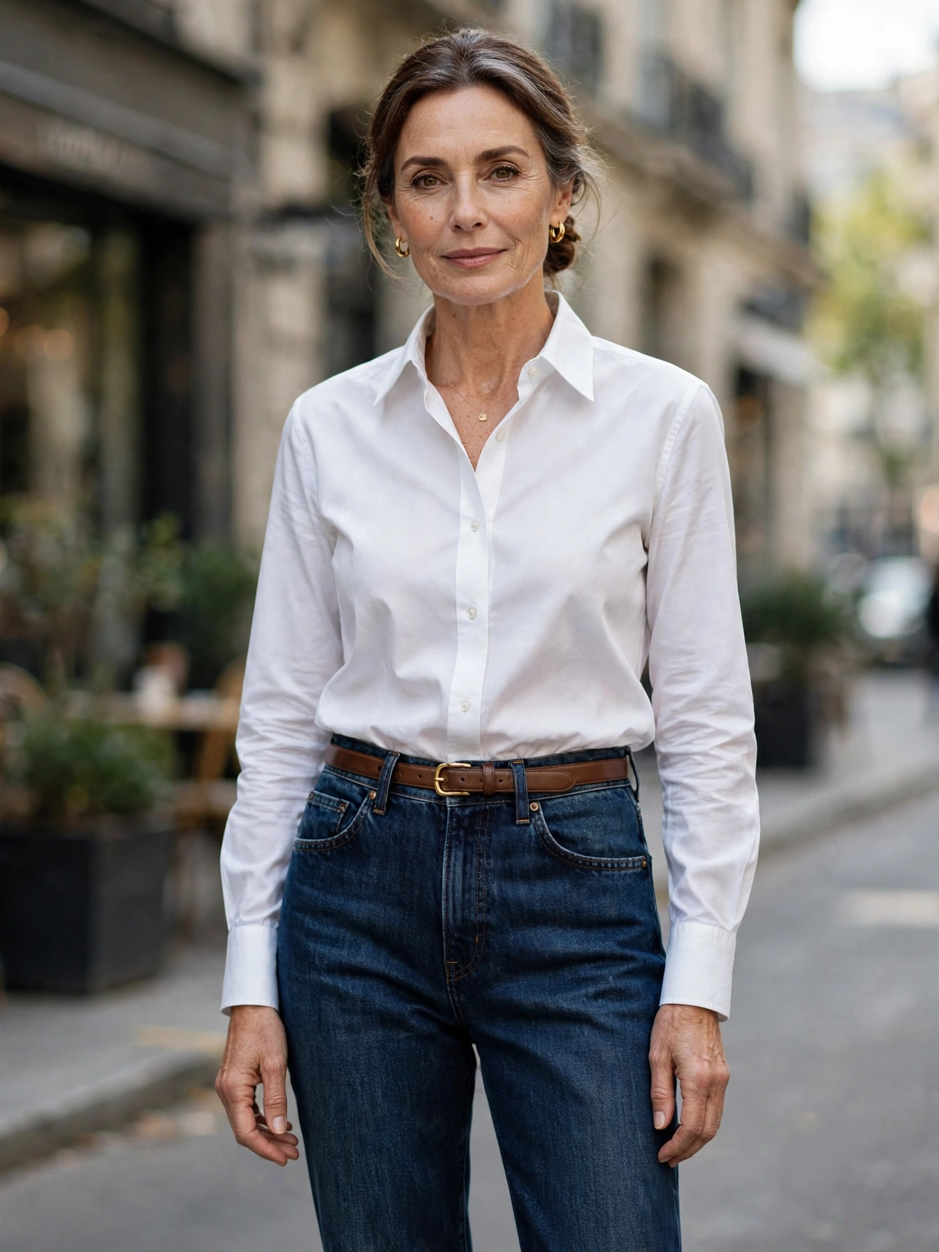 Dark-wash straight-leg jeans.