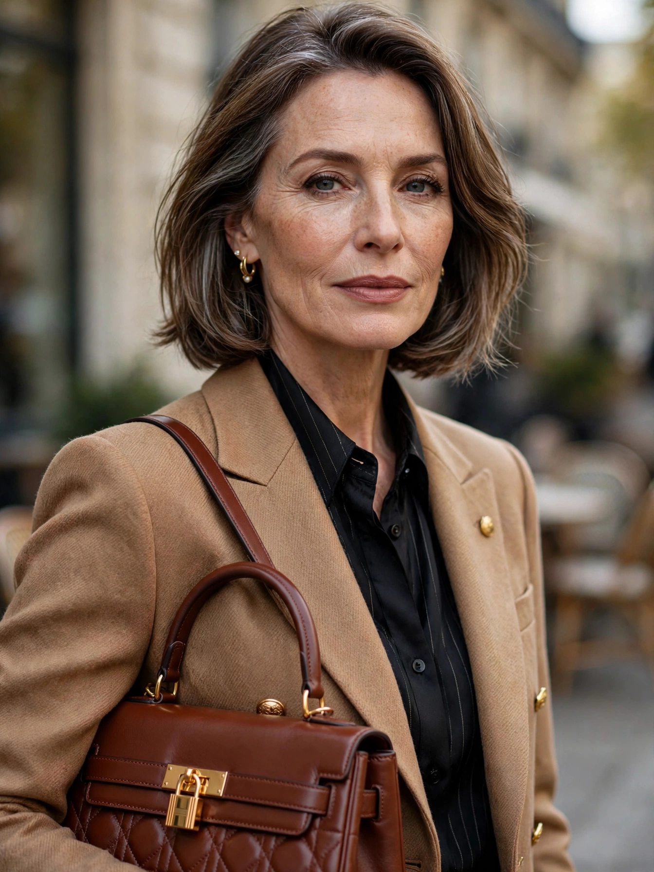 A structured leather handbag.