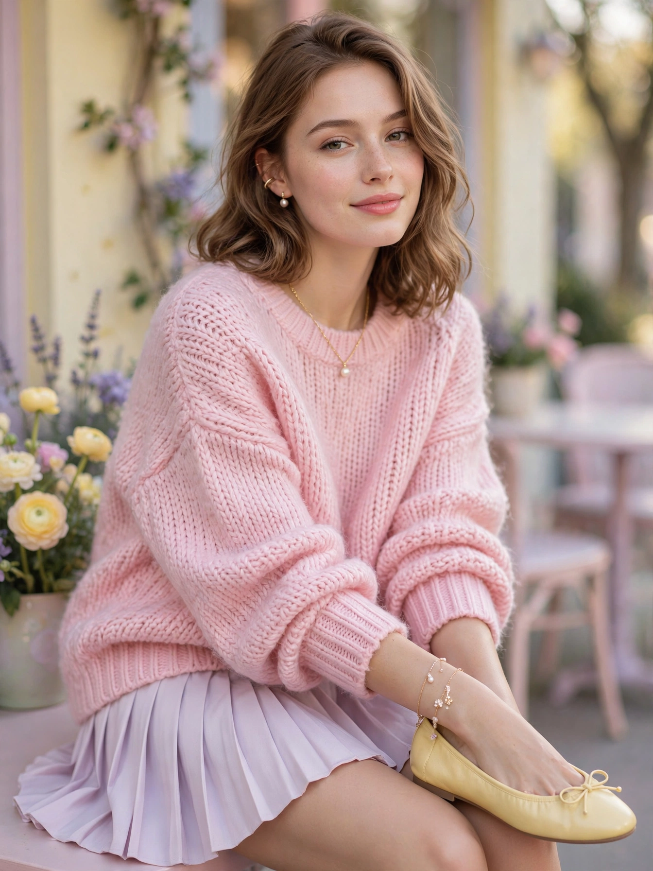 Soft Girl. Pastels and comfort: baby pink, lavender, and butter yellow, with pleated mini skirts, oversized sweaters, and delicate jewelry doing the heavy lifting. Keep it grown-up by balancing one sweet piece — a cardigan or a pleated skirt — with clean, simple basics. White sneakers or ballet flats finish the look without tipping into costume territory.