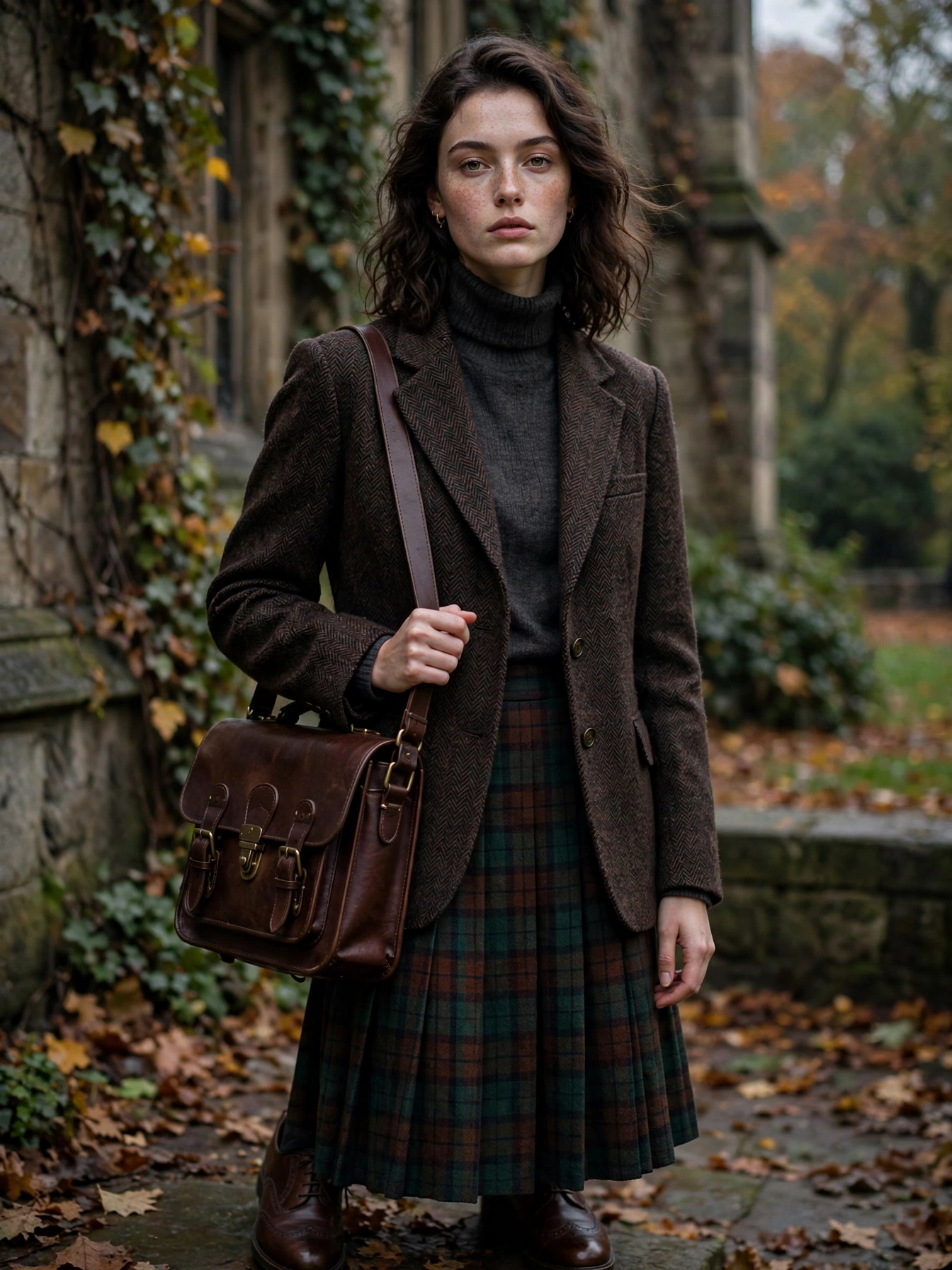 Dark Academia. Scholarly and moody: tweed blazers, plaid skirts, turtlenecks, and oxford shoes in deep browns, charcoal, and forest green. It’s autumn in outfit form. Start with what you own — a plaid skirt or a camel coat — and add loafers or a structured satchel. The result reads polished and intellectual without trying too hard.