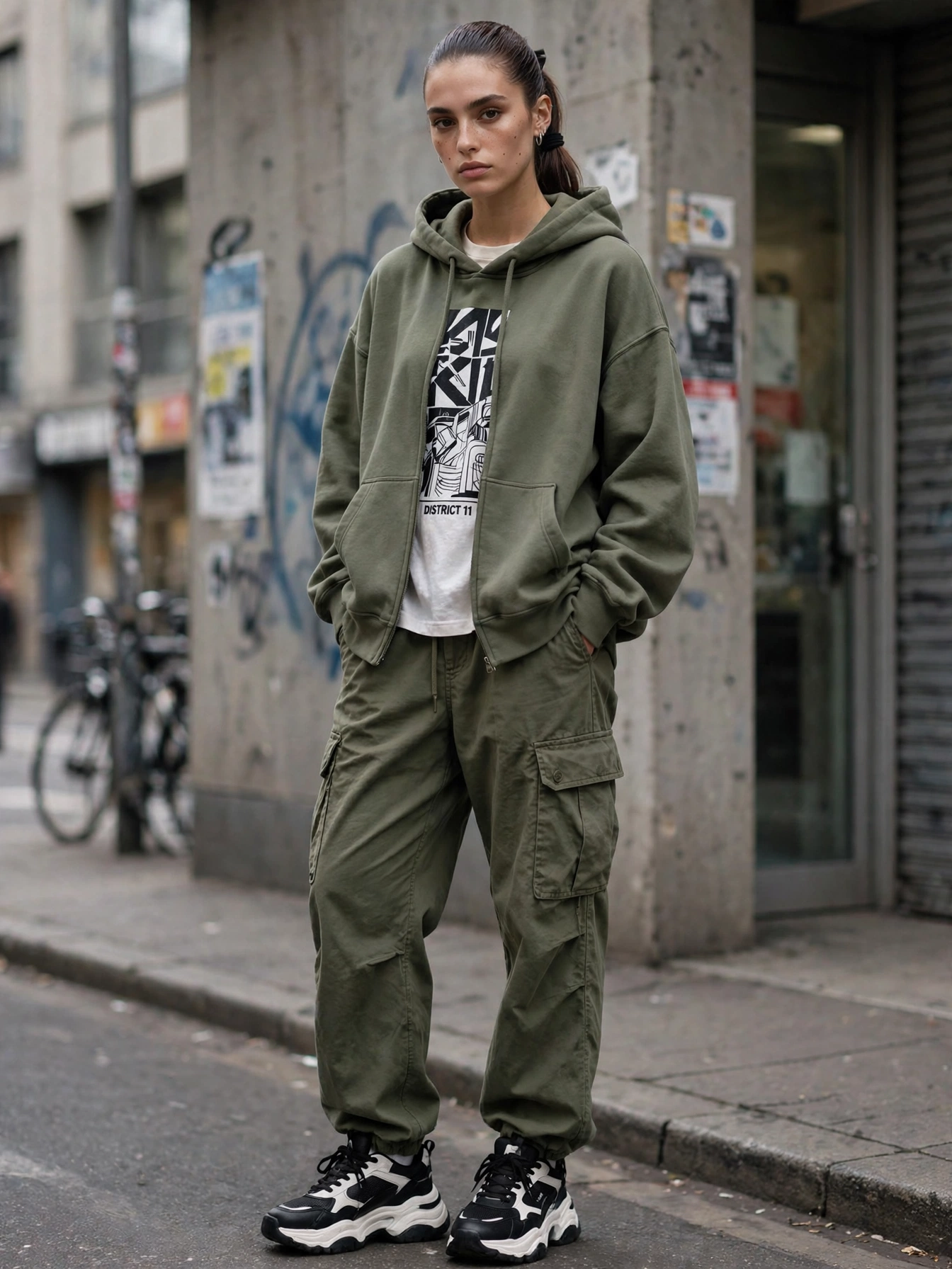 Streetwear. The cool-girl uniform: oversized hoodies, cargo pants, graphic tees, and statement sneakers in a relaxed, boxy silhouette. Keep it intentional with balanced proportions — an oversized top with fitted bottoms, or vice versa — plus a sleek ponytail and minimal makeup so the look reads deliberate, not sloppy.