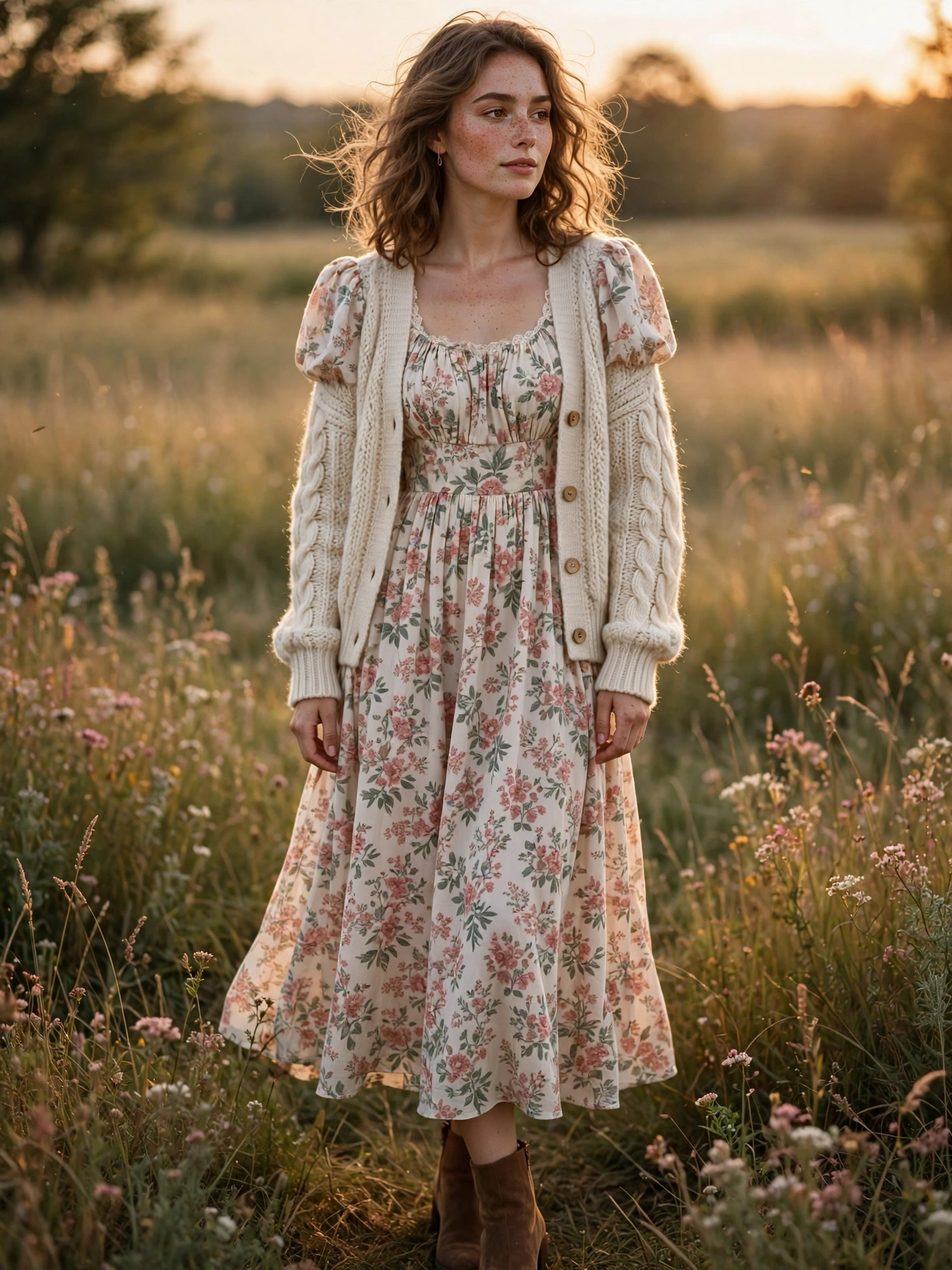 Cottagecore. The romantic daydream of fashion aesthetics — prairie dresses, puff sleeves, floral prints, and cozy knit cardigans in cream, sage, and dusty rose. Pair a flowy midi dress with ankle boots for brunch, or layer a milkmaid top over high-waisted jeans for the farmers market. It’s feminine without being fussy, and it practically begs for golden-hour photos.