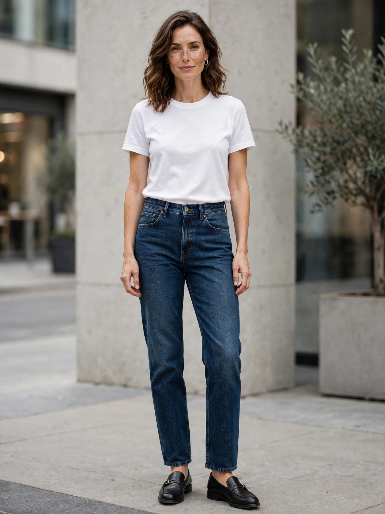 Dark-wash straight-leg jeans — the most versatile denim cut; dress them up or down.