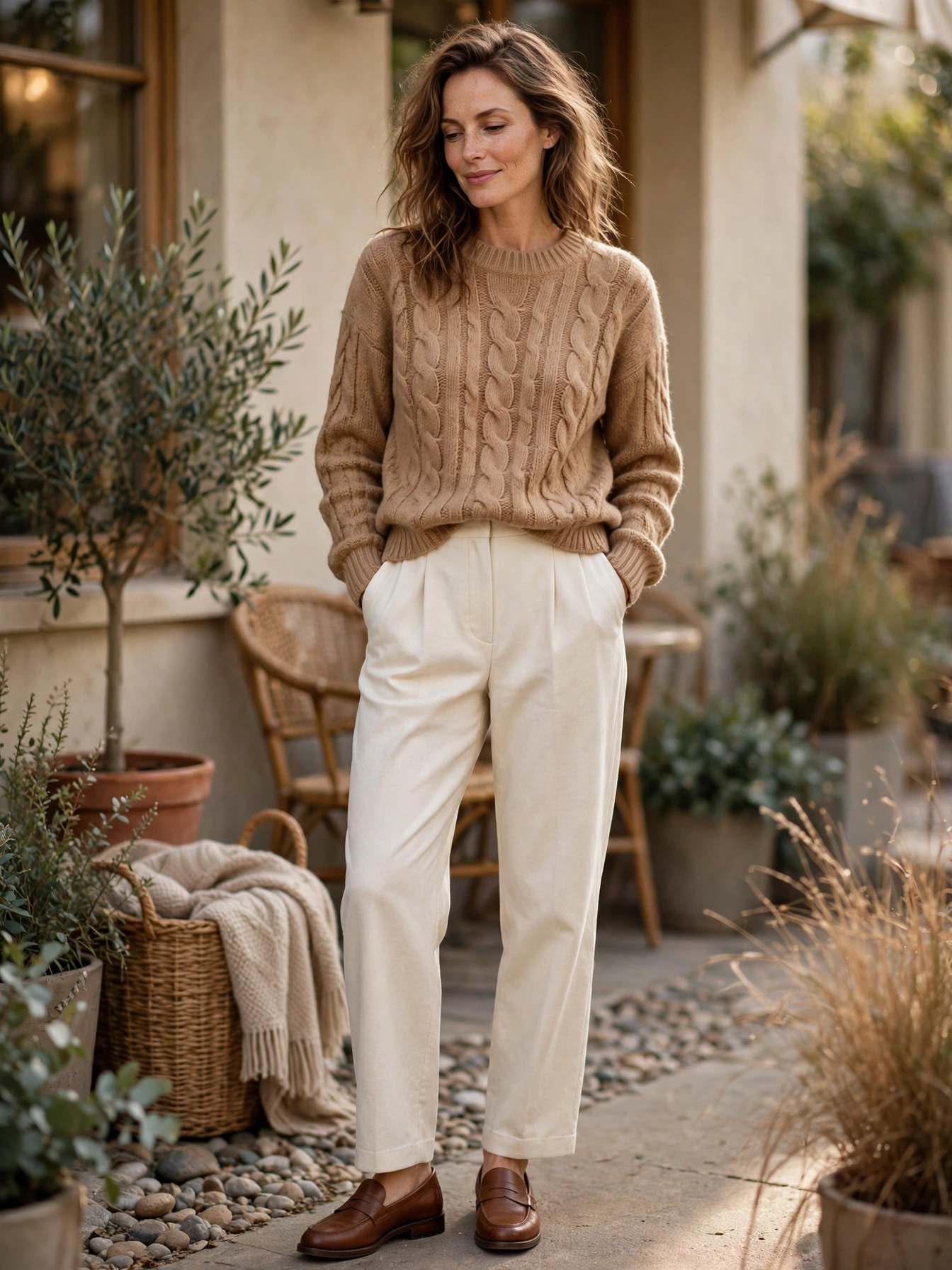 Neutral knitwear — camel, grey, and cream sweaters that pair with everything.