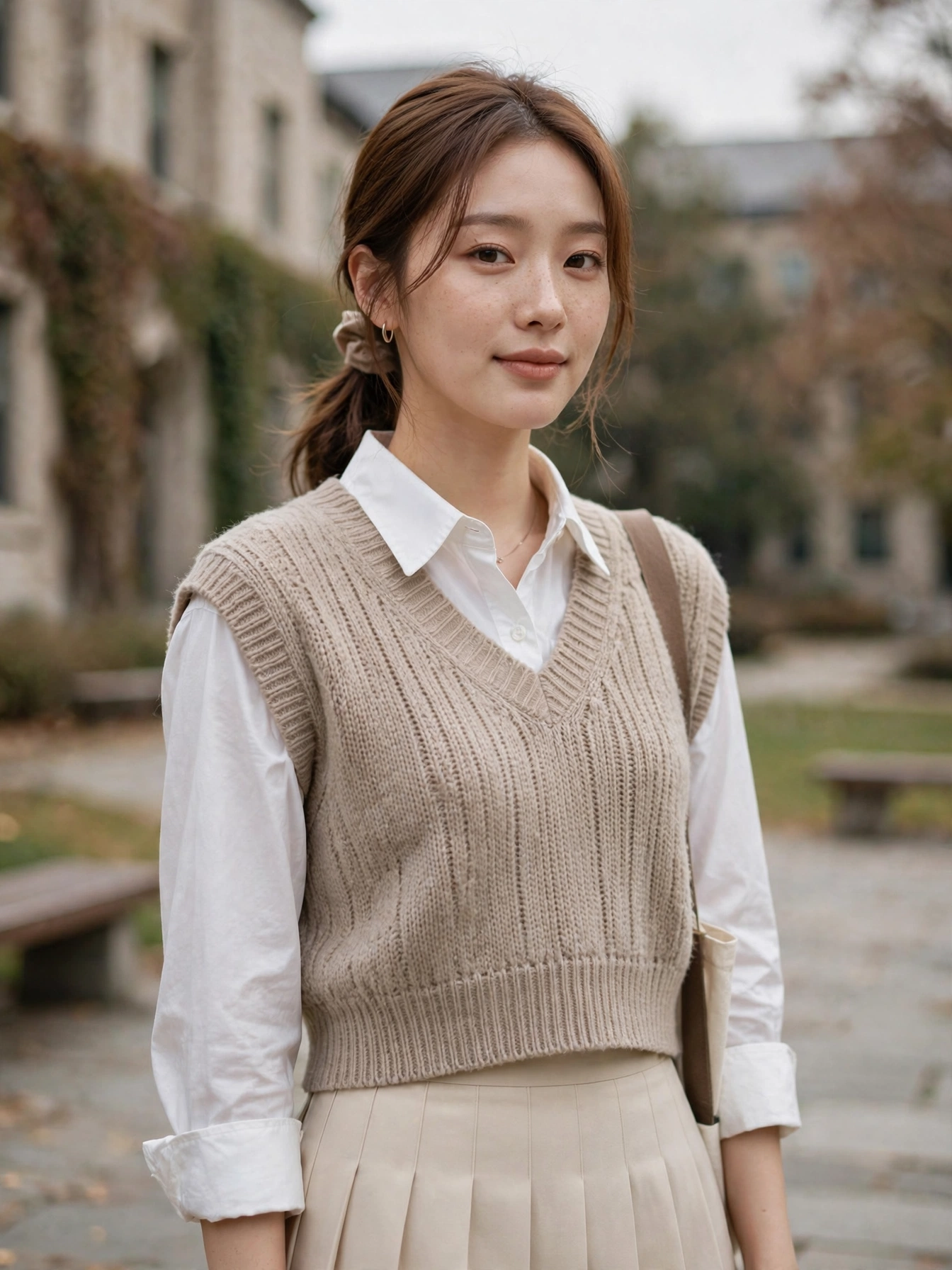 Knit vest over a collared shirt. Layer a cropped sweater vest over a crisp button-down, add a pleated mini or tailored trousers, and you’ve nailed the preppy K-drama campus look.