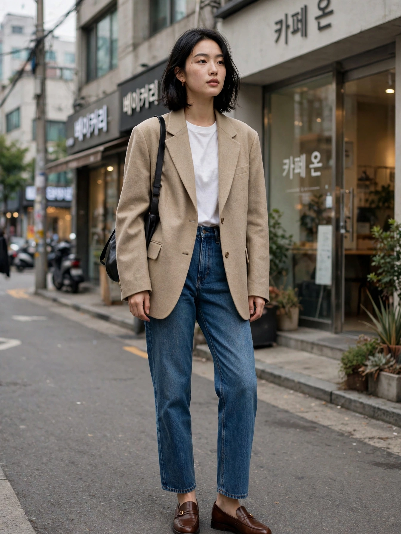 The oversized blazer uniform. A boxy blazer in beige, grey, or black over a white tee and straight-leg jeans, finished with loafers. It’s the unofficial uniform of Seoul’s fashion crowd — polished without trying.