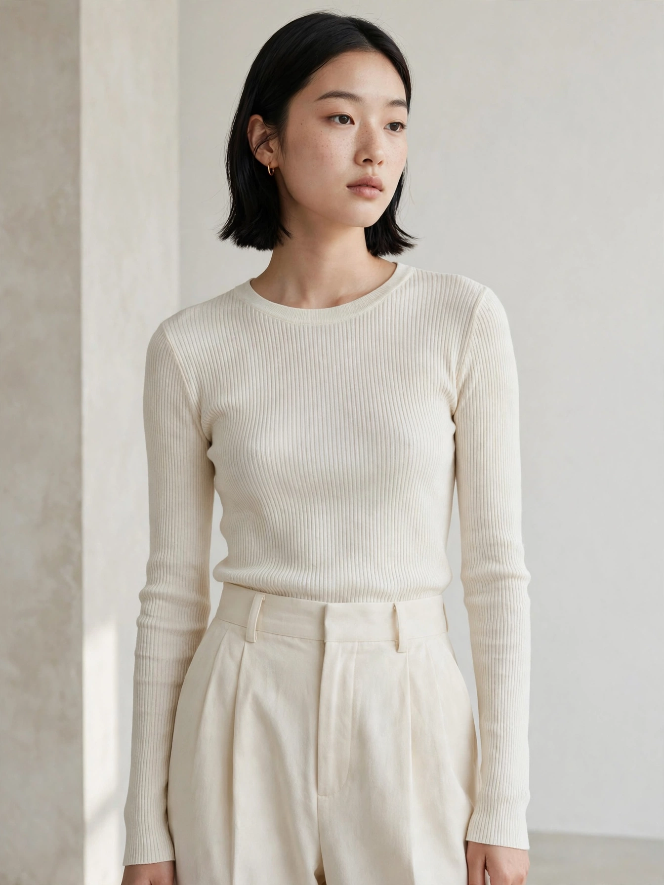 Wide-leg trousers and a fitted knit. High-waisted wide-leg pants in cream or charcoal with a slim ribbed top. Clean lines, zero fuss, endlessly photogenic.
