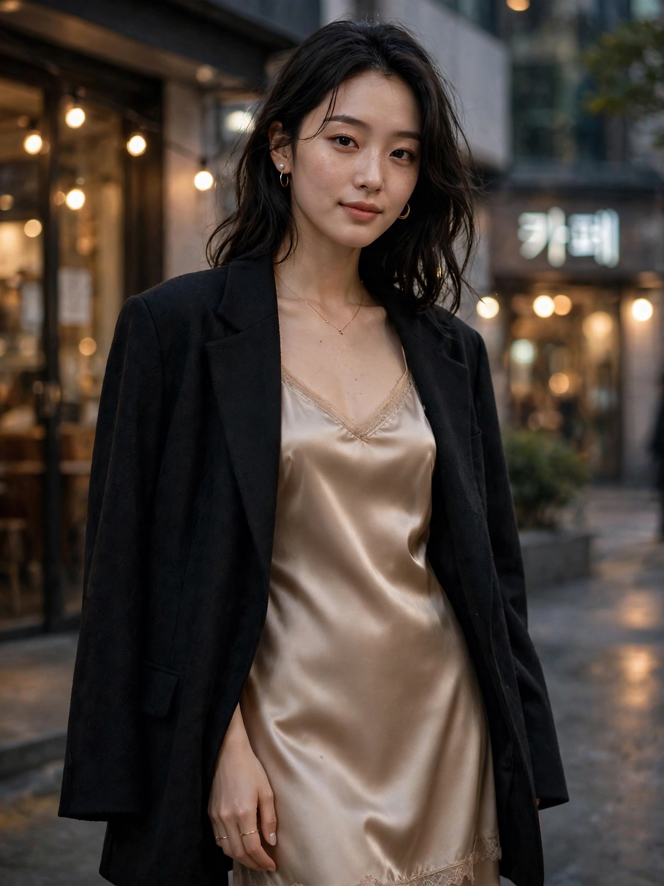 Slip dress with a blazer. A satin midi slip dress topped with an oversized blazer bridges feminine and structured — ideal for evenings when you want polish with personality.