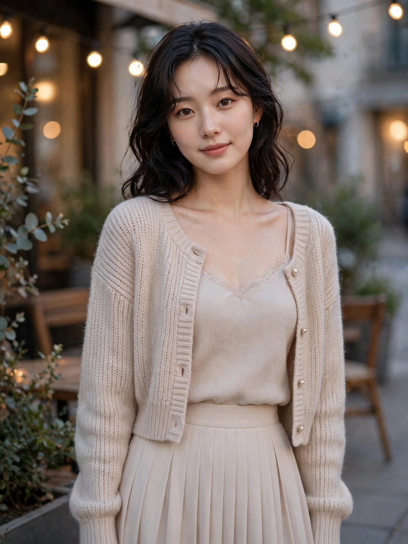 The cardigan twinset. A cropped cardigan over a matching camisole with a midi pleated skirt. Soft, put-together, and perfect for date nights.