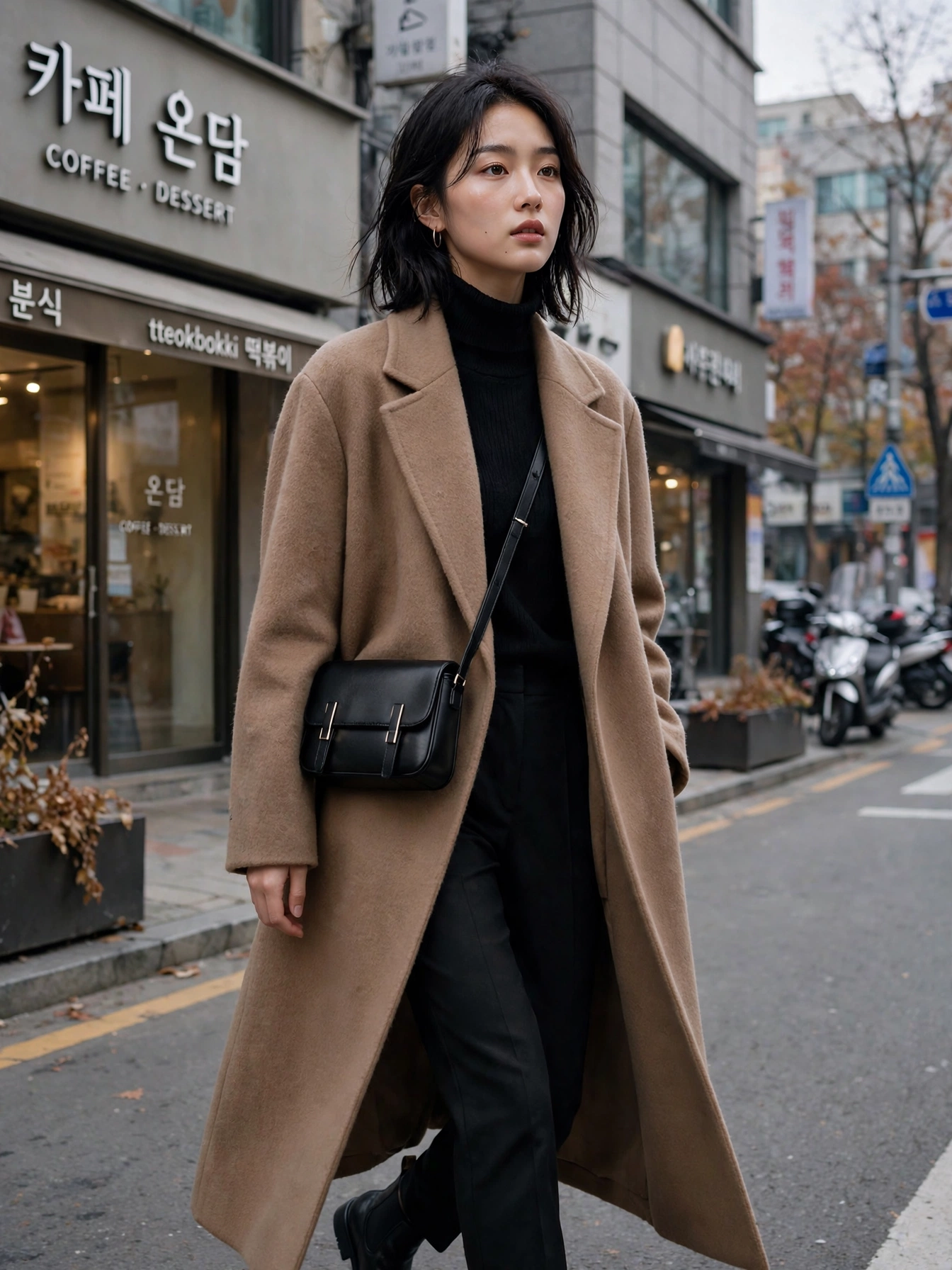 The long coat moment. In cooler months, Koreans live in long wool coats worn open over monochrome outfits. One great coat elevates everything underneath it.