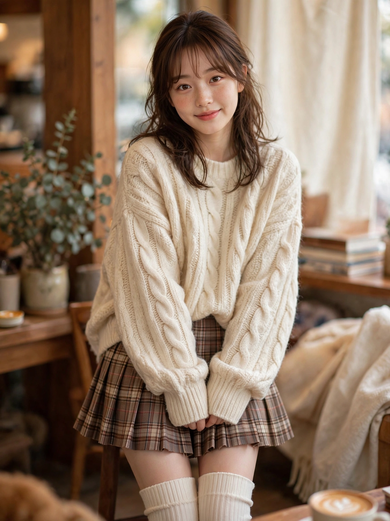 Pleated mini + chunky knit. A pleated skirt in plaid or solid beige with an oversized cream sweater and knee-high socks. Sweet, cozy, and very K-drama.