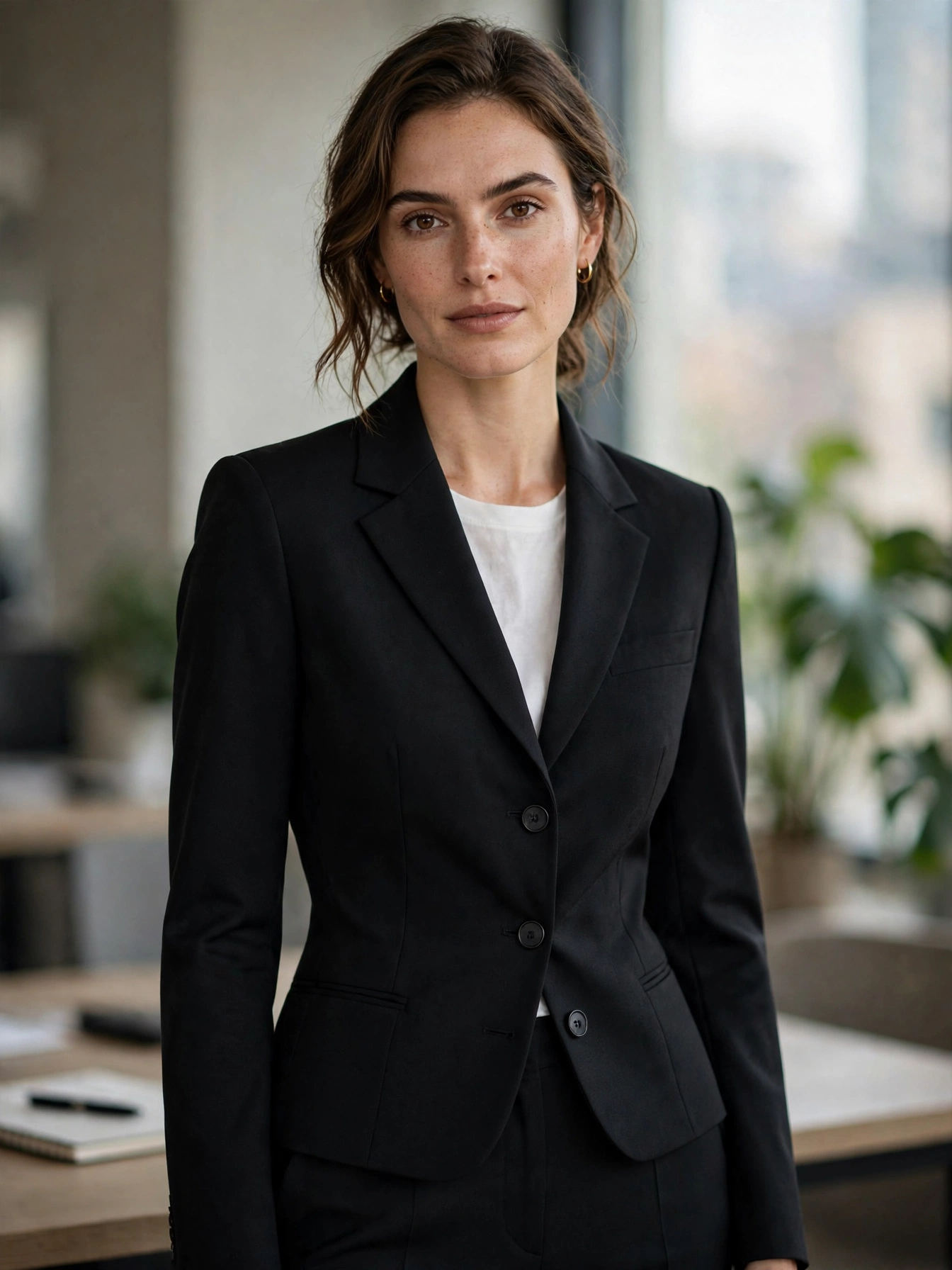 The classic single-breasted blazer. One or two buttons, notched lapels, a nipped waist. In black, navy, or charcoal, this is the most versatile of all women's blazers for work — it pairs with everything from trousers to dresses.