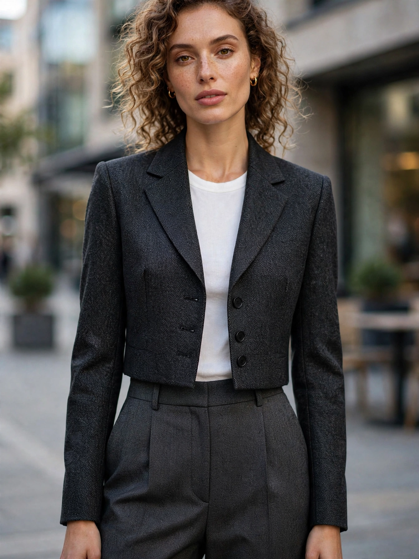 The cropped blazer. Ending at or above the waist, cropped blazers balance high-waisted trousers and skirts perfectly. A modern cut that still reads professional in the right fabric.