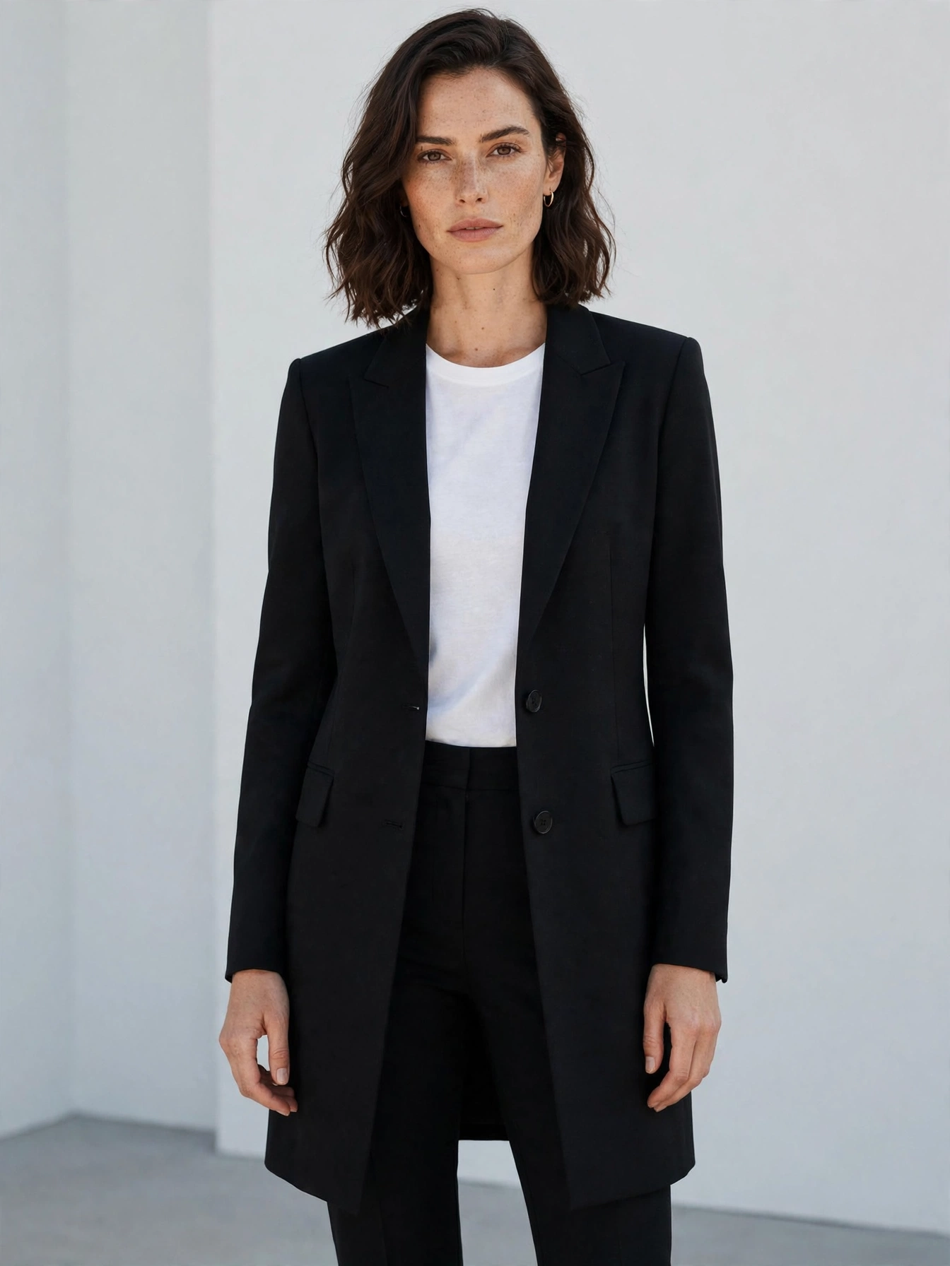 The longline blazer. Hitting mid-thigh or below, this silhouette elongates the body and looks sharp over slim trousers or a sheath dress. Choose one with a clean, minimal design.
