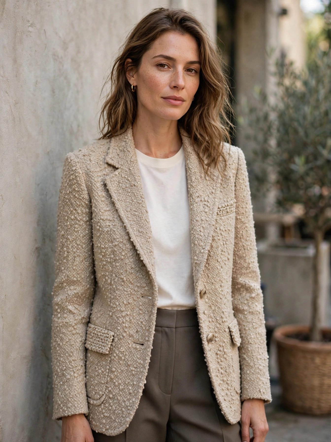 The tweed or textured blazer. Bouclé, herringbone, or subtle checks add richness to your rotation. A textured blazer in neutral tones elevates even a plain tee-and-trousers base.