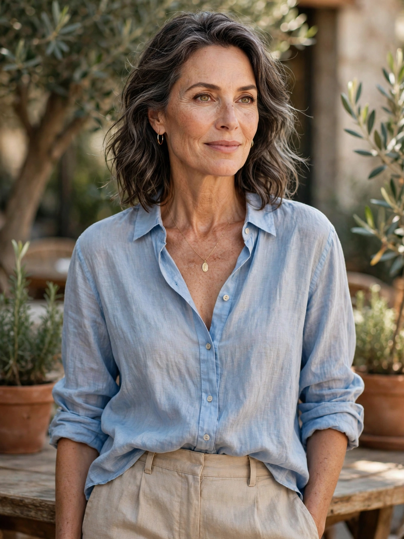 Linen trousers + breezy blouse.