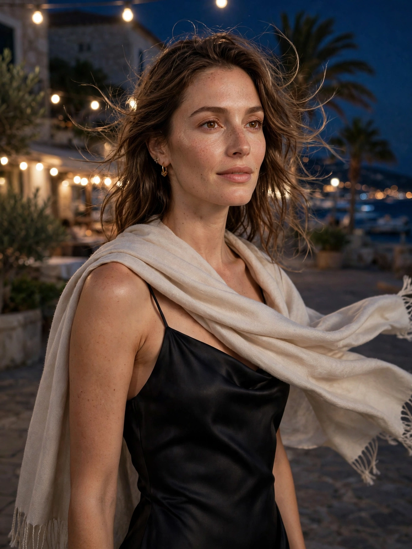 A light layer like a pashmina or cropped jacket for breezy nights