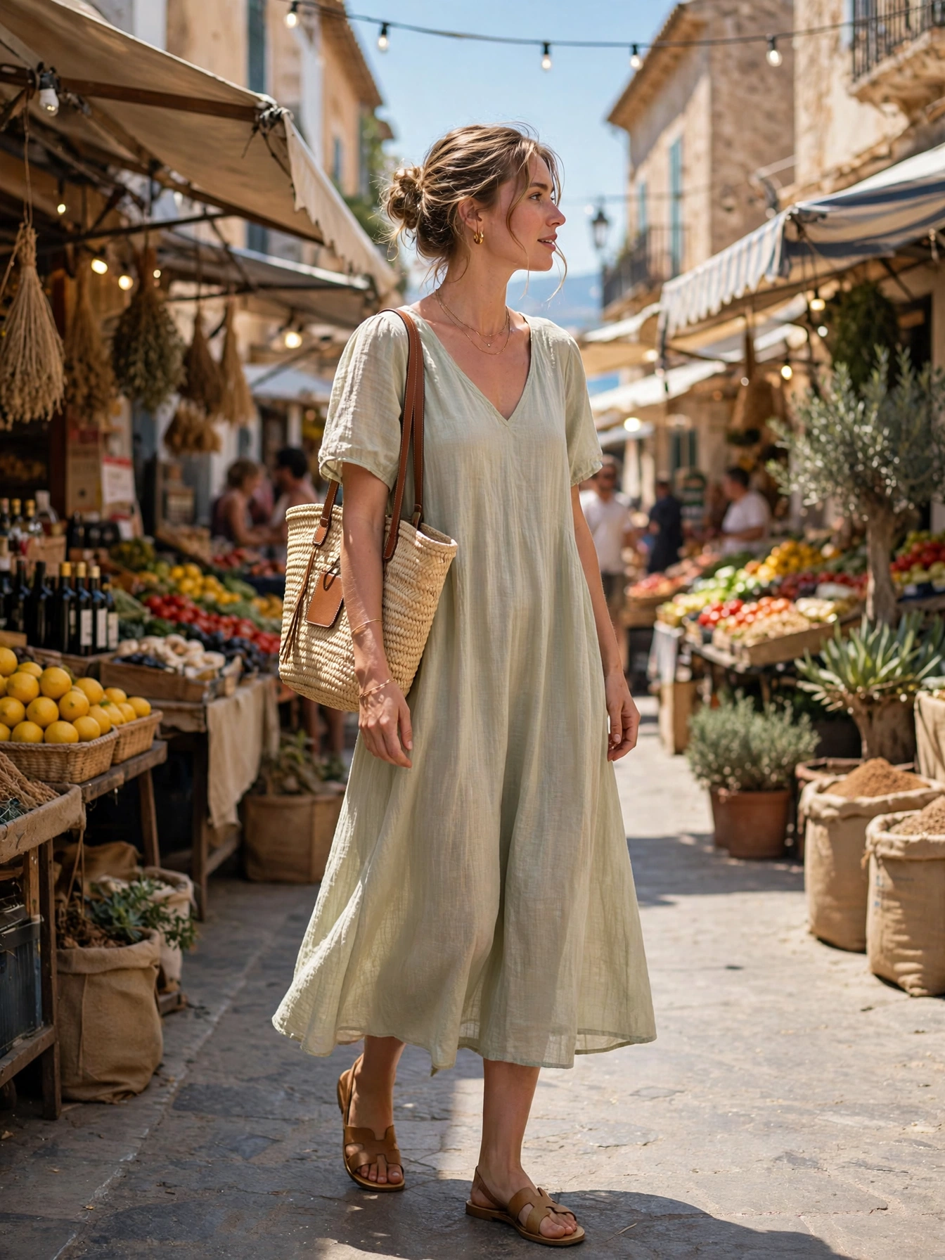 2. The flowy midi dress. One dress, endless outings. A midi in a breathable fabric works for markets, museums, and lunch. Add sandals and a tote by day; it is light enough to pack three without weighing down your bag.